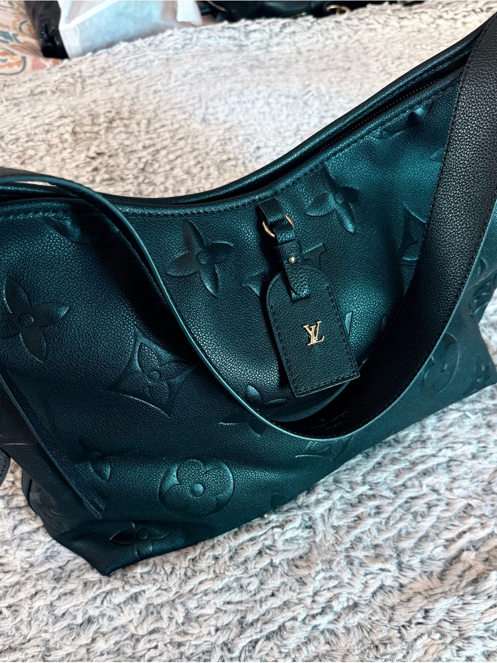 Black Embossed Shoulder Bag with Gold Hardware